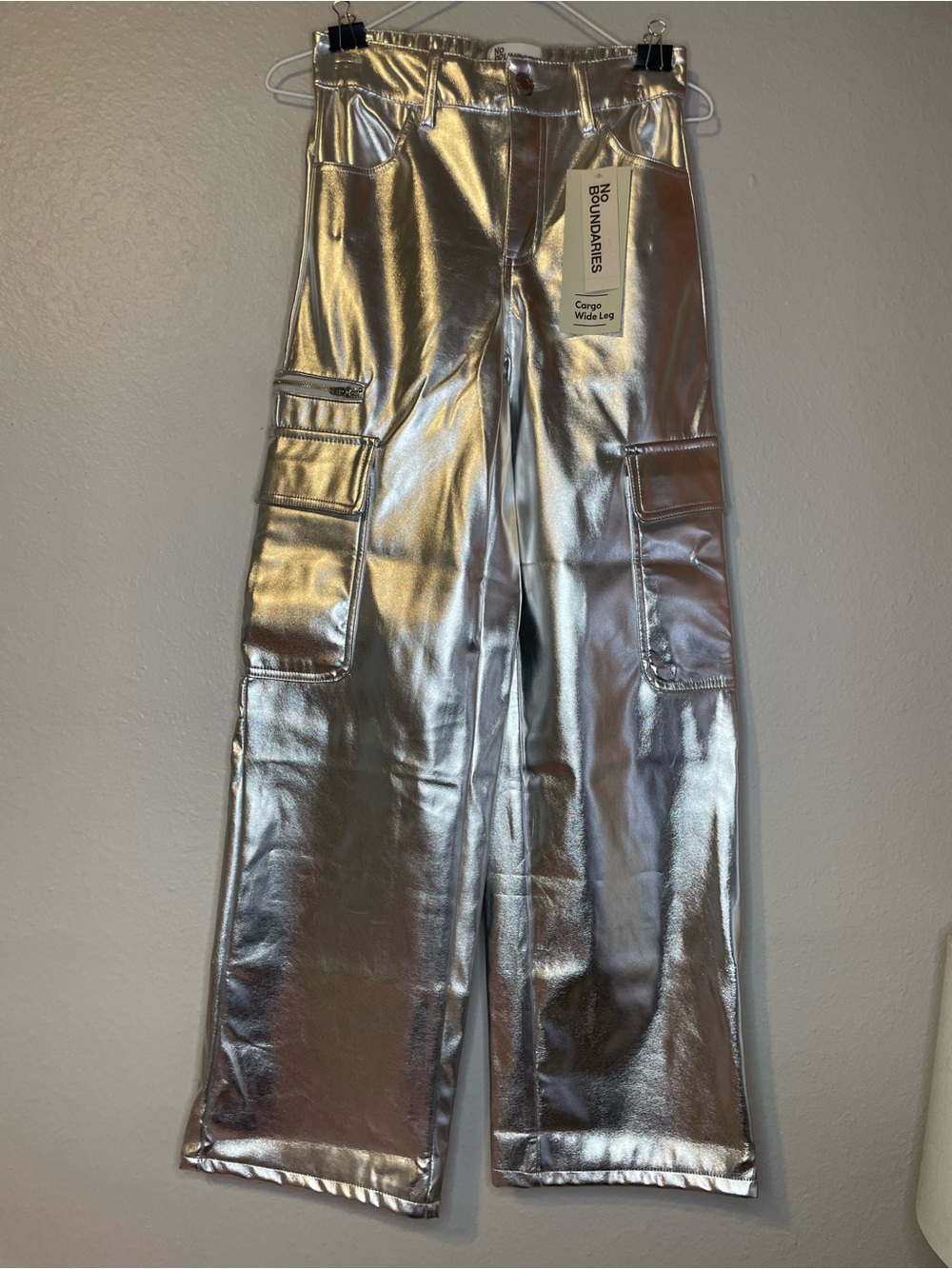 No Boundaries Silver Metallic Cargo Wide-Leg Pants
